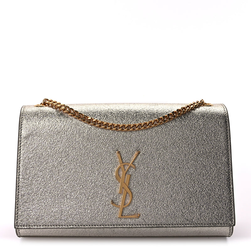  Saint Laurent Metallic Calfskin Medium Classic Monogram Kate Satchel Pale Gold