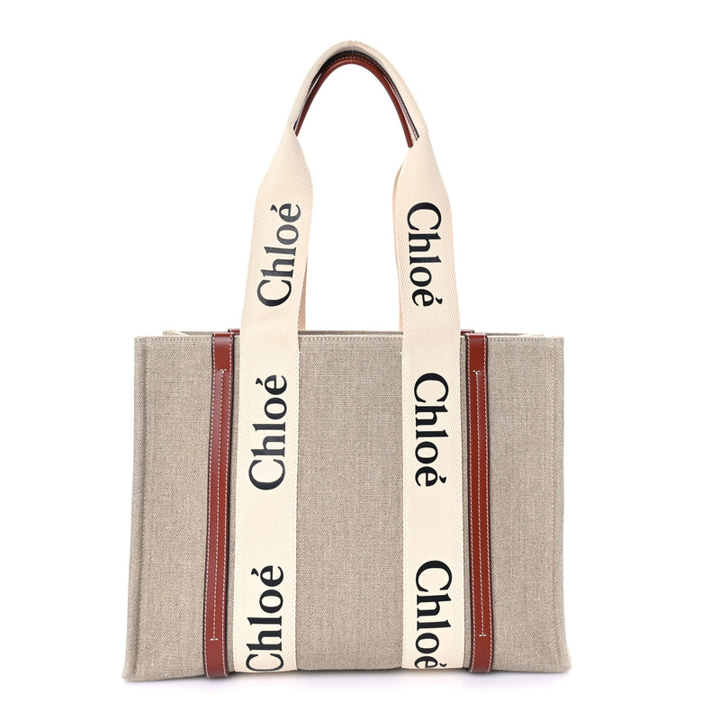  Chloe Linen Calfskin Medium Woody Ribbon Tote  White Brown