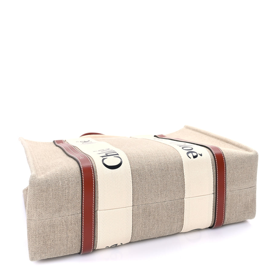 Chloe Linen Calfskin Medium Woody Ribbon Tote  White Brown Image 3