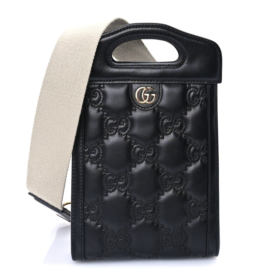 Gucci Calfskin GG Matelasse Mini Top Slip Handle Crossbody Bag  Black Natural Image 1