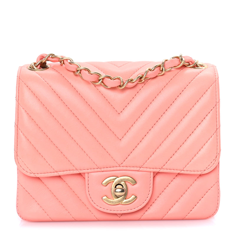  Chanel Lambskin Chevron Quilted Mini Square Flap  Pink
