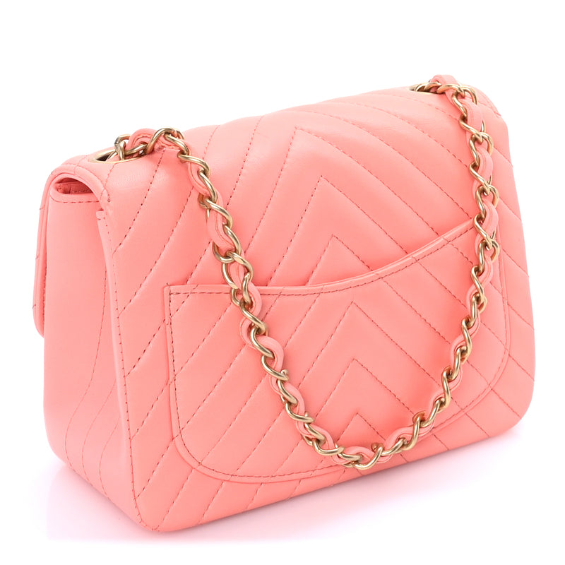  Chanel Lambskin Chevron Quilted Mini Square Flap  Pink