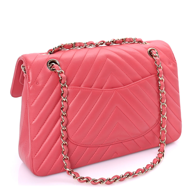  Chanel Lambskin Chevron Quilted Medium Double Flap  Pink