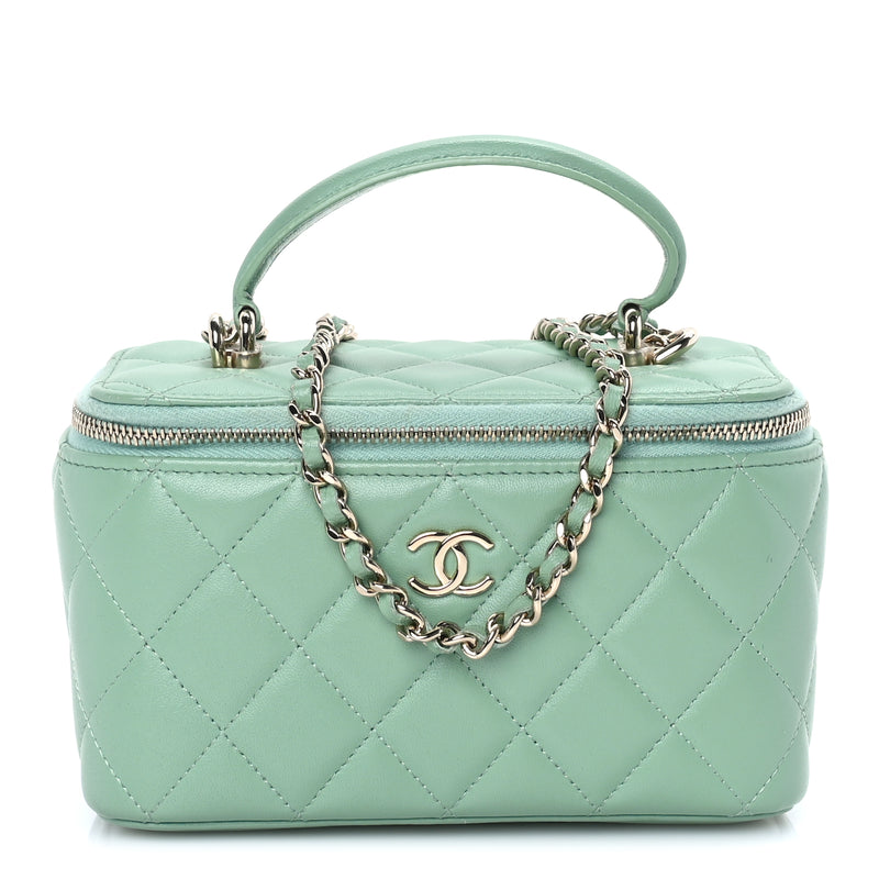  Chanel Lambskin Quilted Small Top Handle Vanity Case With Chain Light Green Light Green