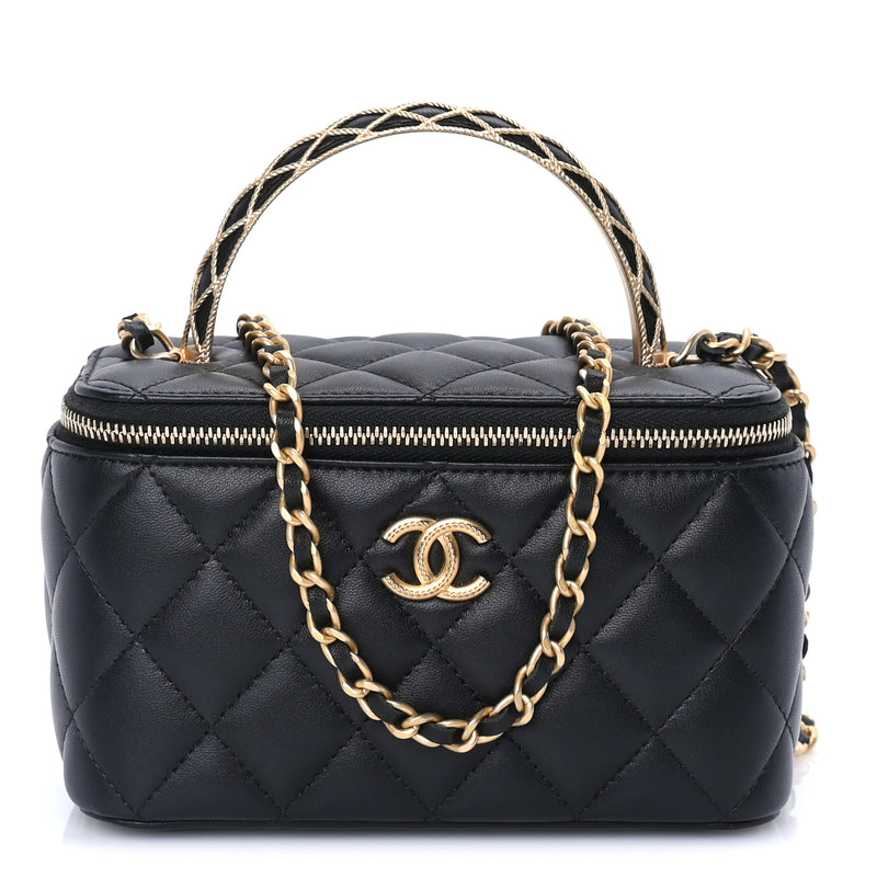  Chanel Lambskin Quilted Metal Twist Small Top Handle Vanity Case With Chain  Black