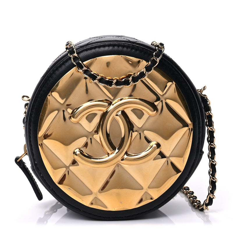  Chanel Lambskin Quilted Golden Plate Round Clutch With Chain Black