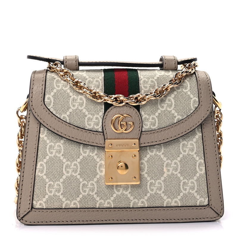  Gucci GG Supreme Monogram Textured Dollar Calfskin Web Mini Ophidia Padlock Top Handle Chain Shoulder Bag Beige Mystic White Oatmeal