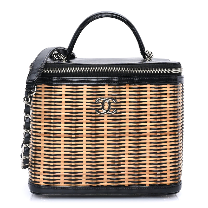  Chanel Glazed Calfskin Raffia Vanity Case Bag  Black Beige