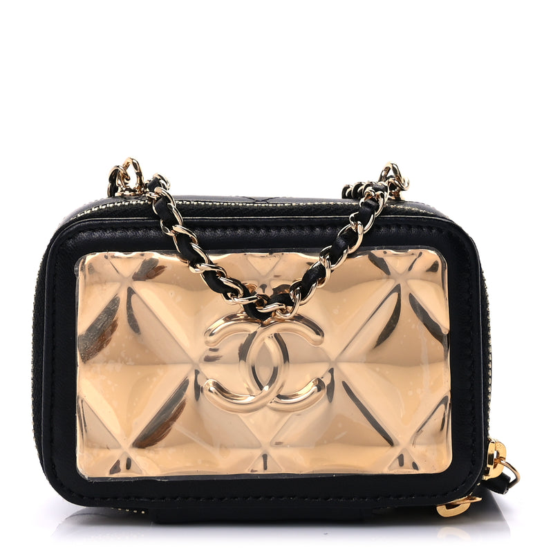  Chanel Lambskin Quilted Mini Golden Plate Clutch With Chain  Black