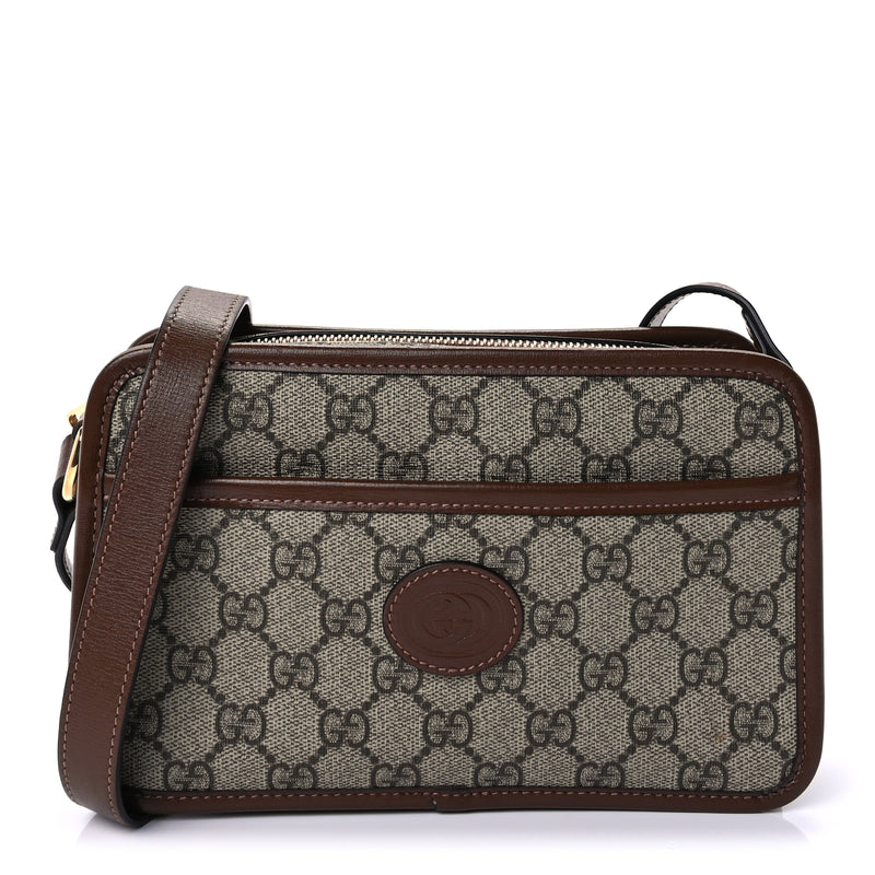  Gucci GG Supreme Monogram Azalea Calfskin Mini Retro Interlocking G Shoulder Bag  Beige Ebony Brown Sugar