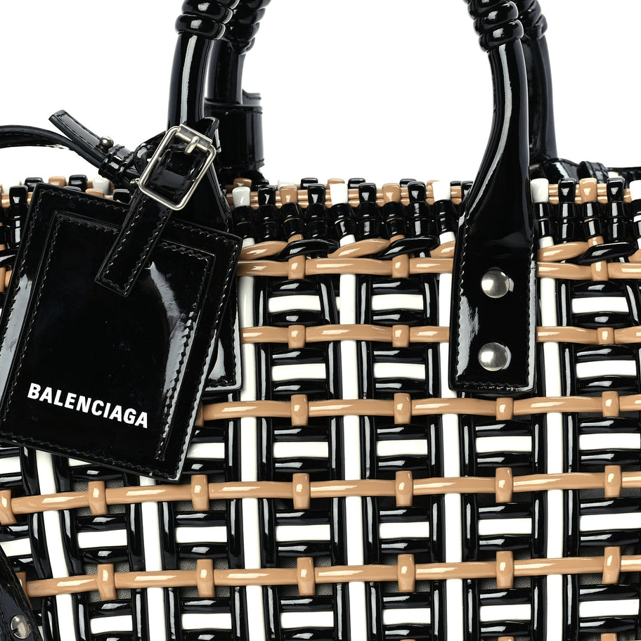 Balenciaga Patent XS Bistro Basket Black Beige | Luxe Collective