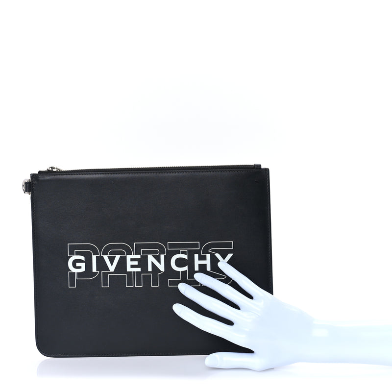  Givenchy Calfskin Paris Print Medium Cosmetic Pouch  Black