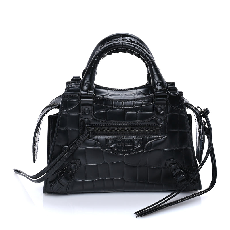  Balenciaga Semi Shiny Calfskin Crocodile Embossed Neo Classic Black Hardware Mini City  Black