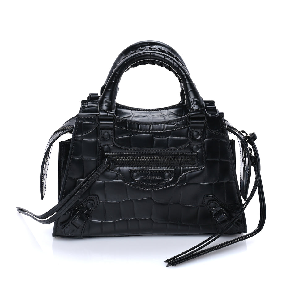 Balenciaga Semi Shiny Calfskin Crocodile Embossed Neo Classic Black Hardware Mini City  Black Image 1
