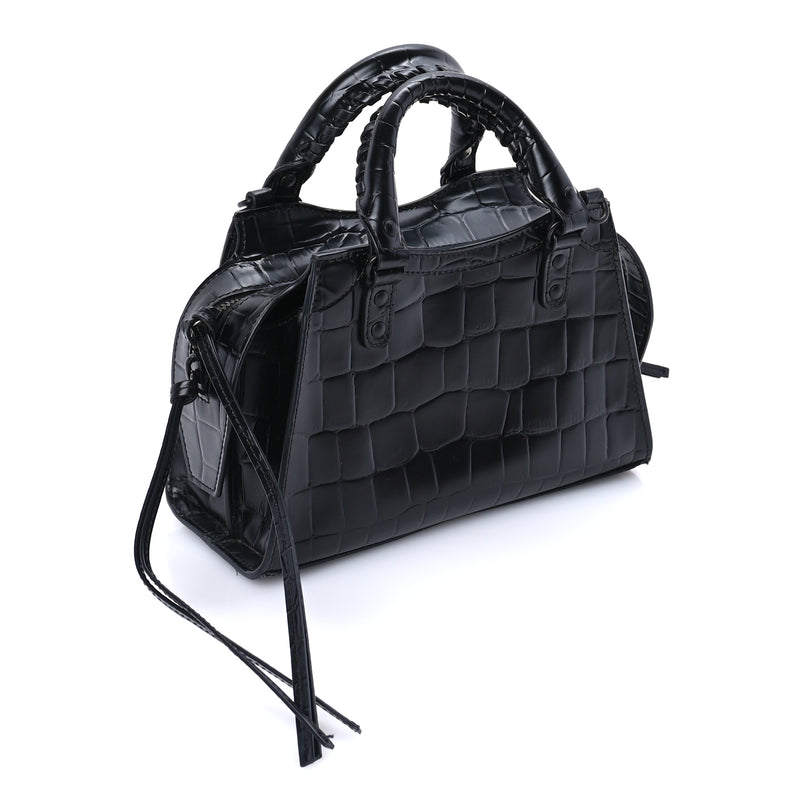  Balenciaga Semi Shiny Calfskin Crocodile Embossed Neo Classic Black Hardware Mini City  Black