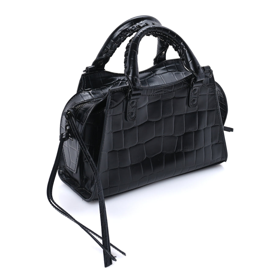 Balenciaga Semi Shiny Calfskin Crocodile Embossed Neo Classic Black Hardware Mini City  Black Image 2