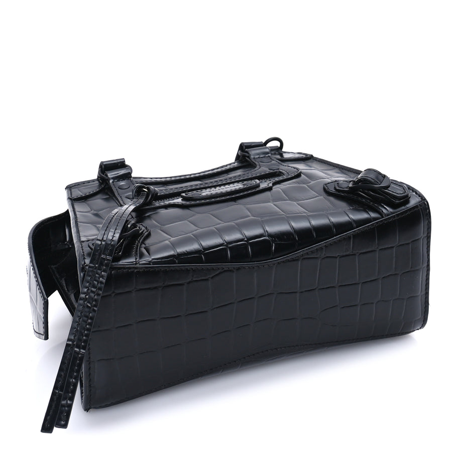 Balenciaga Semi Shiny Calfskin Crocodile Embossed Neo Classic Black Hardware Mini City  Black Image 3