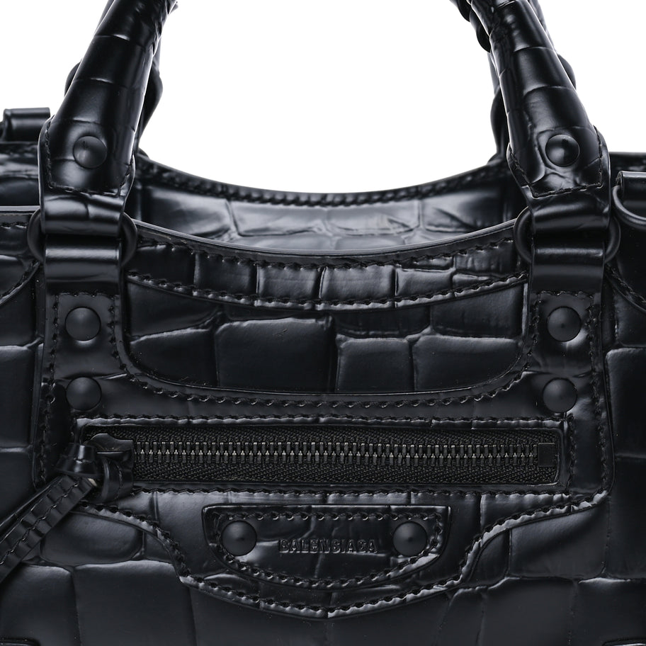 Balenciaga Semi Shiny Calfskin Crocodile Embossed Neo Classic Black Hardware Mini City  Black Image 6