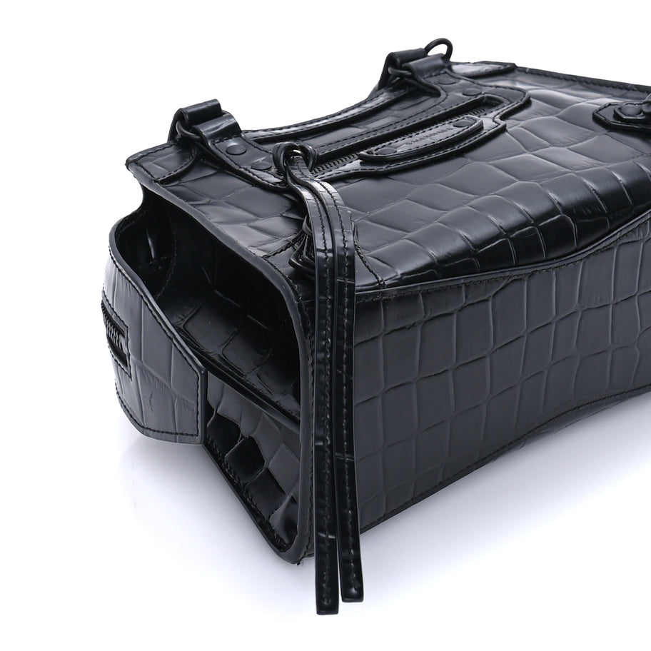 Balenciaga Semi Shiny Calfskin Crocodile Embossed Neo Classic Black Hardware Mini City  Black Image 7