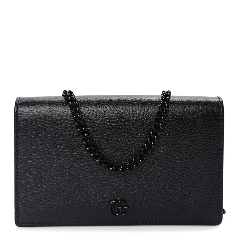  Gucci Dollar Calfskin Enamel Monochrome Mini GG Marmont Chain Wallet Black