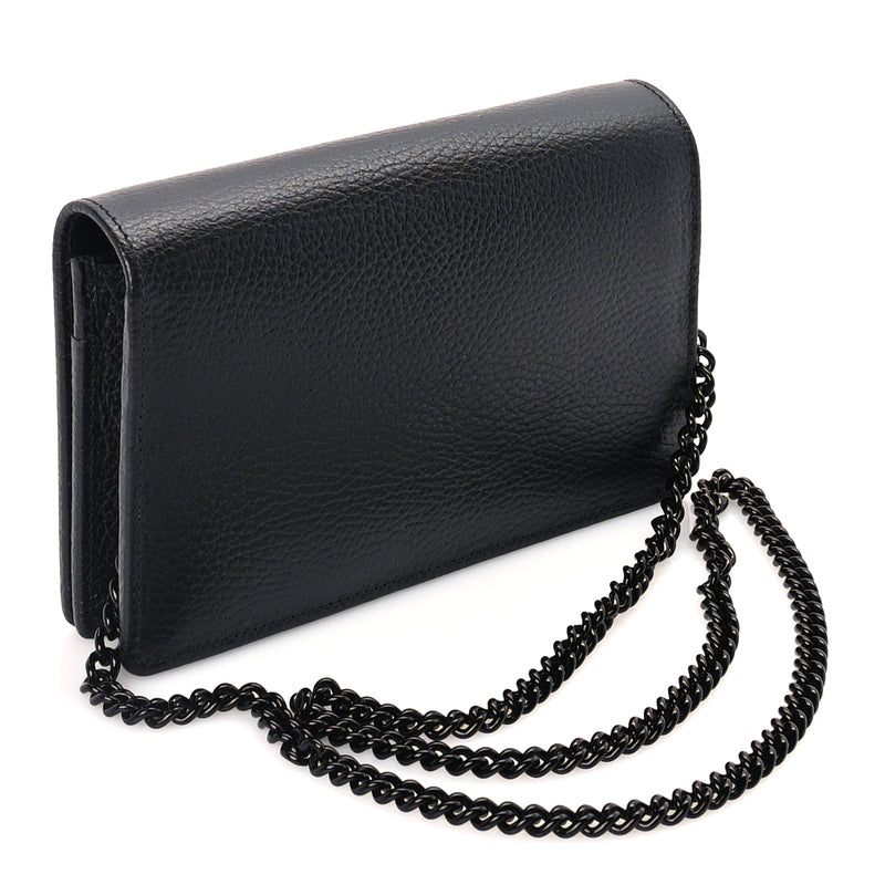  Gucci Dollar Calfskin Enamel Monochrome Mini GG Marmont Chain Wallet Black
