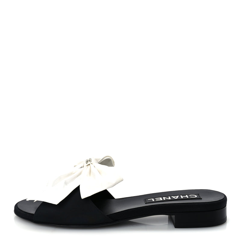  Chanel Silk Bow CC Mules 37  Black White