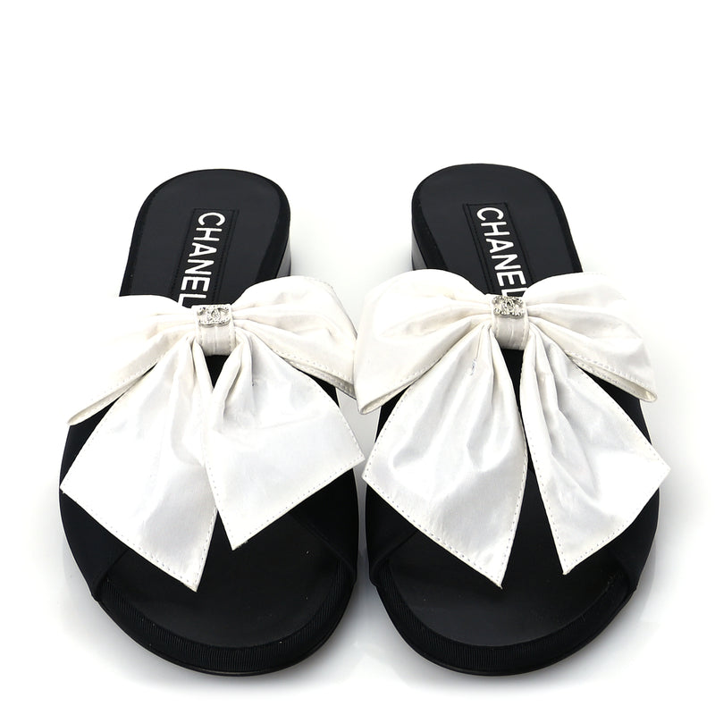  Chanel Silk Bow CC Mules 37  Black White