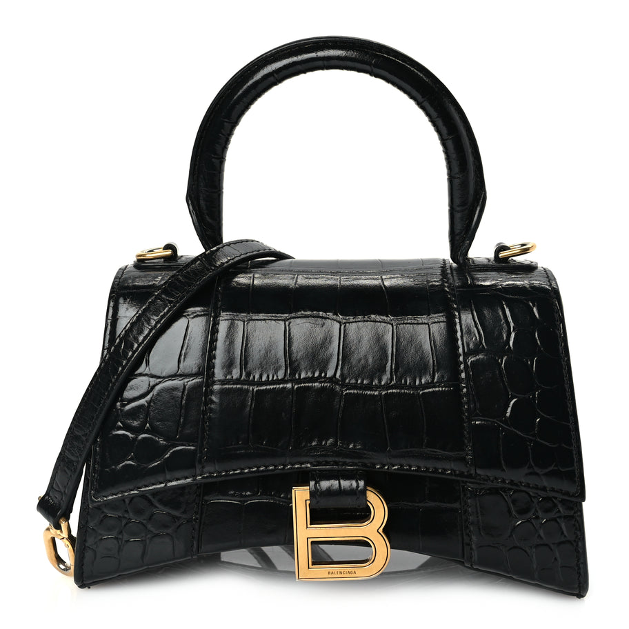 Balenciaga Shiny Calfskin Crocodile Embossed Hourglass Top Handle Bag XS Black Image 1