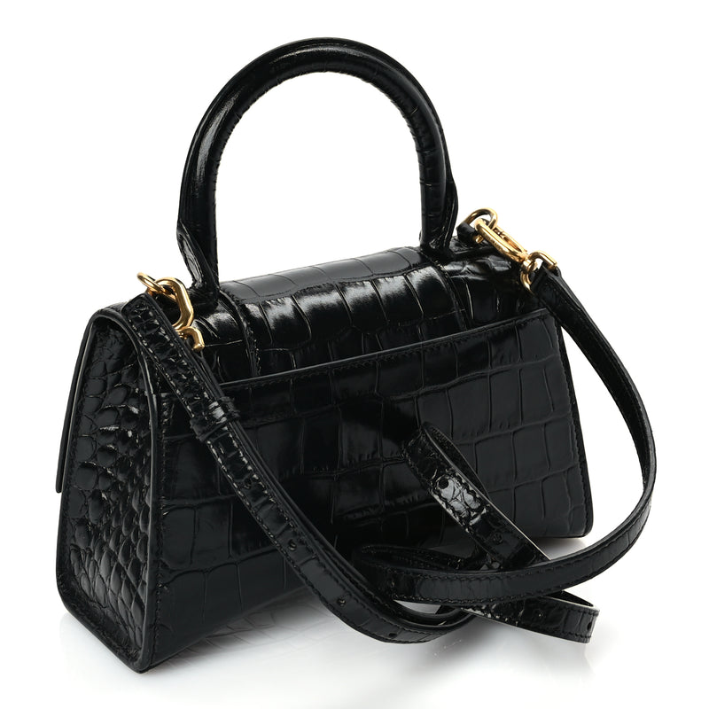  Balenciaga Shiny Calfskin Crocodile Embossed Hourglass Top Handle Bag XS Black