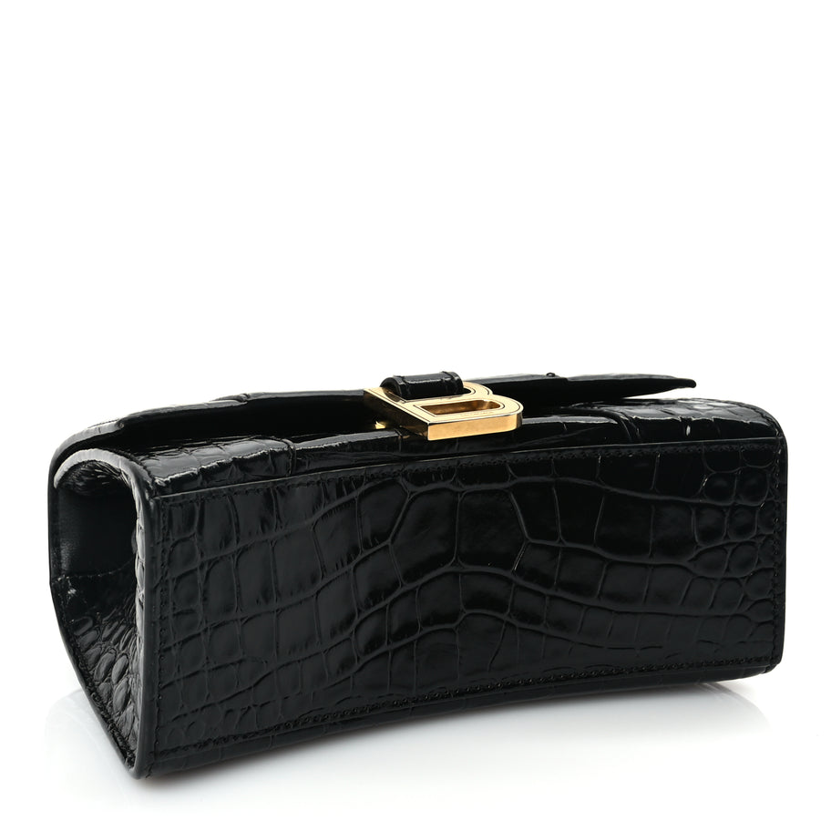 Balenciaga Shiny Calfskin Crocodile Embossed Hourglass Top Handle Bag XS Black Image 3