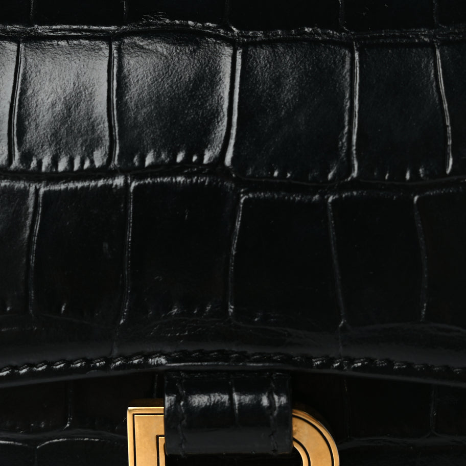 Balenciaga Shiny Calfskin Crocodile Embossed Hourglass Top Handle Bag XS Black Image 6