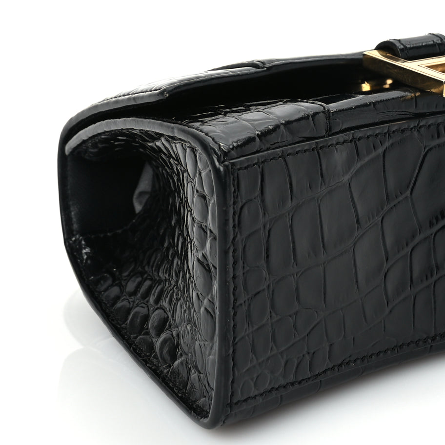 Balenciaga Shiny Calfskin Crocodile Embossed Hourglass Top Handle Bag XS Black Image 7
