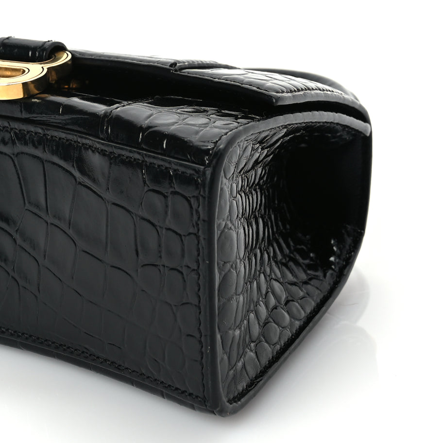 Balenciaga Shiny Calfskin Crocodile Embossed Hourglass Top Handle Bag XS Black Image 8