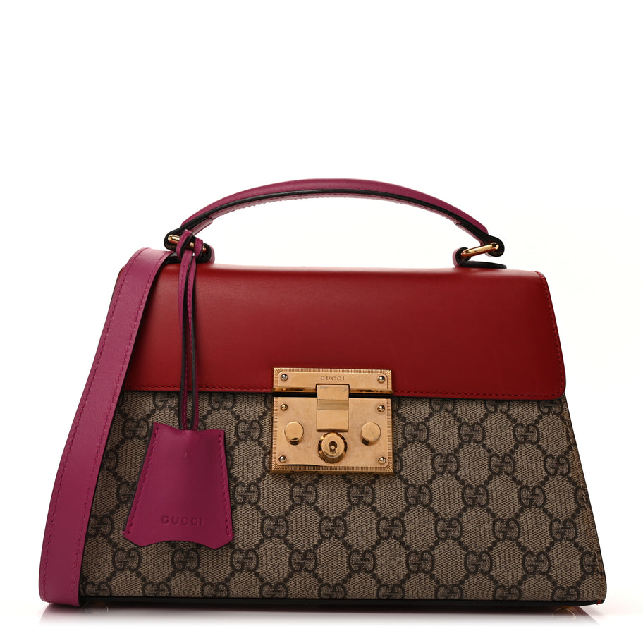 Gucci GG Supreme Monogram Calfskin Small Padlock Top Handle Bag  Hibiscus Red New Rosette Image 1