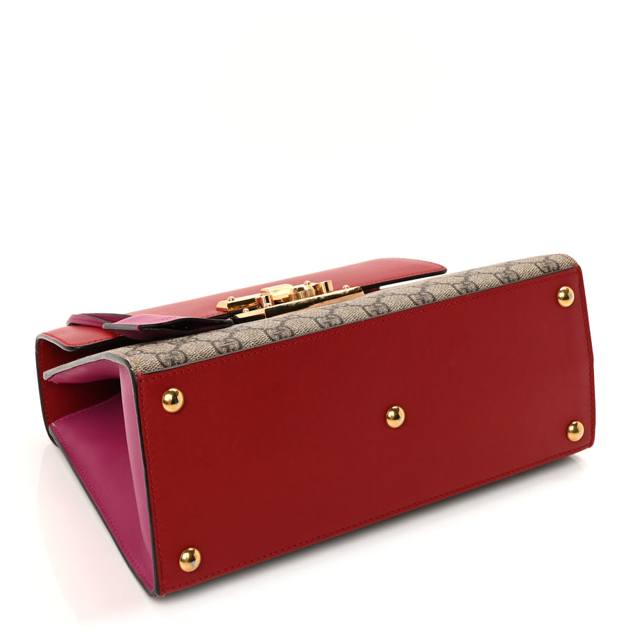 Gucci GG Supreme Monogram Calfskin Small Padlock Top Handle Bag  Hibiscus Red New Rosette Image 3