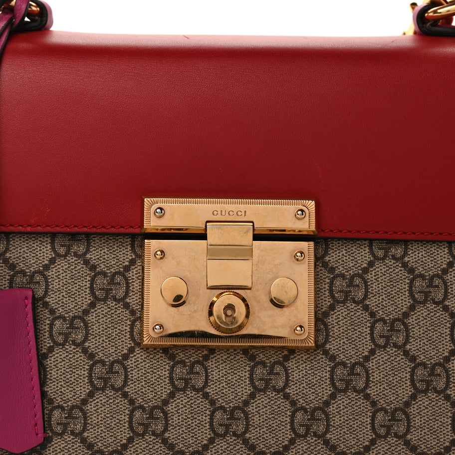 Gucci GG Supreme Monogram Calfskin Small Padlock Top Handle Bag  Hibiscus Red New Rosette Image 6