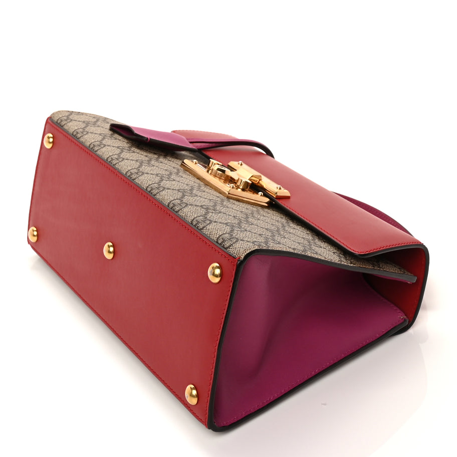 Gucci GG Supreme Monogram Calfskin Small Padlock Top Handle Bag  Hibiscus Red New Rosette Image 8