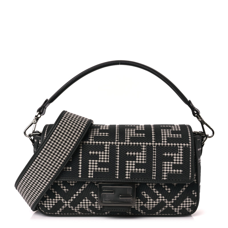  Fendi Wool Vitello King Houndstooth FF Embroidered Baguette Grigio Anthracite