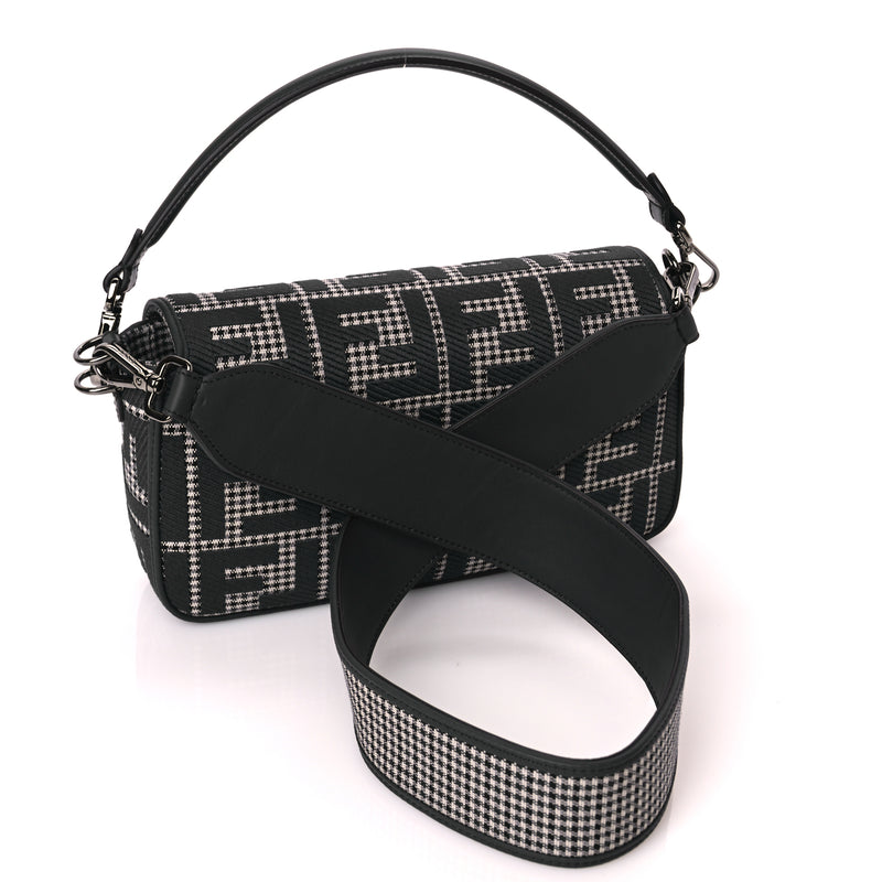 Fendi Wool Vitello King Houndstooth FF Embroidered Baguette Grigio Anthracite