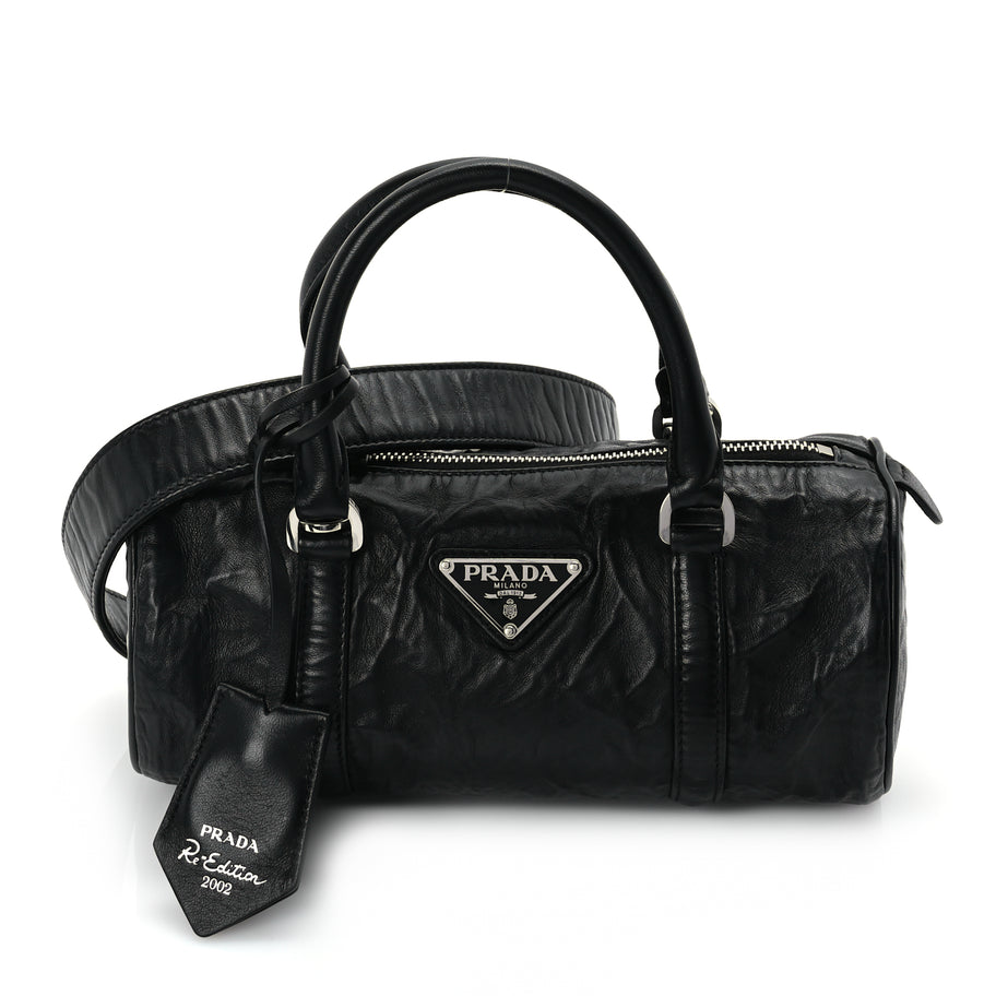 Prada Nappa Antique Re-Edition 2002 Barrel Shoulder Bag  Black Image 1