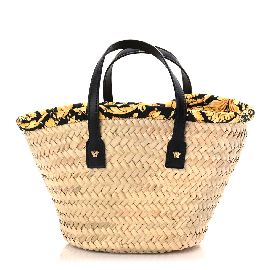 Versace Straw Calfskin Barocco Beach Bag Natural Black Gold Image 1