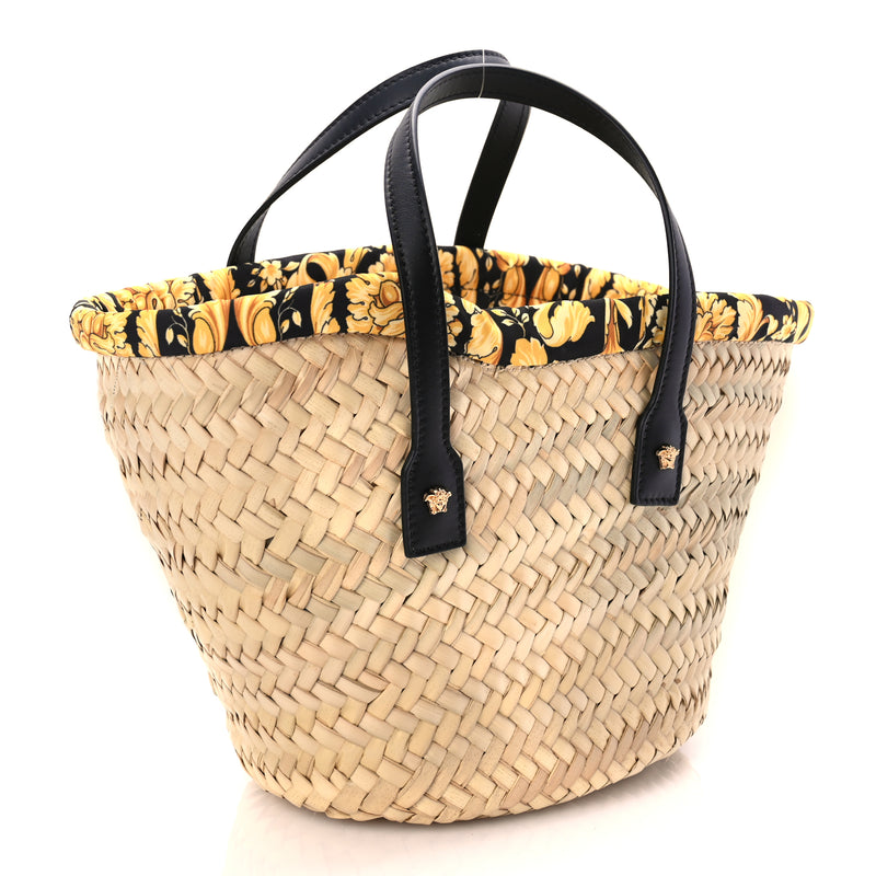  Versace Straw Calfskin Barocco Beach Bag Natural Black Gold