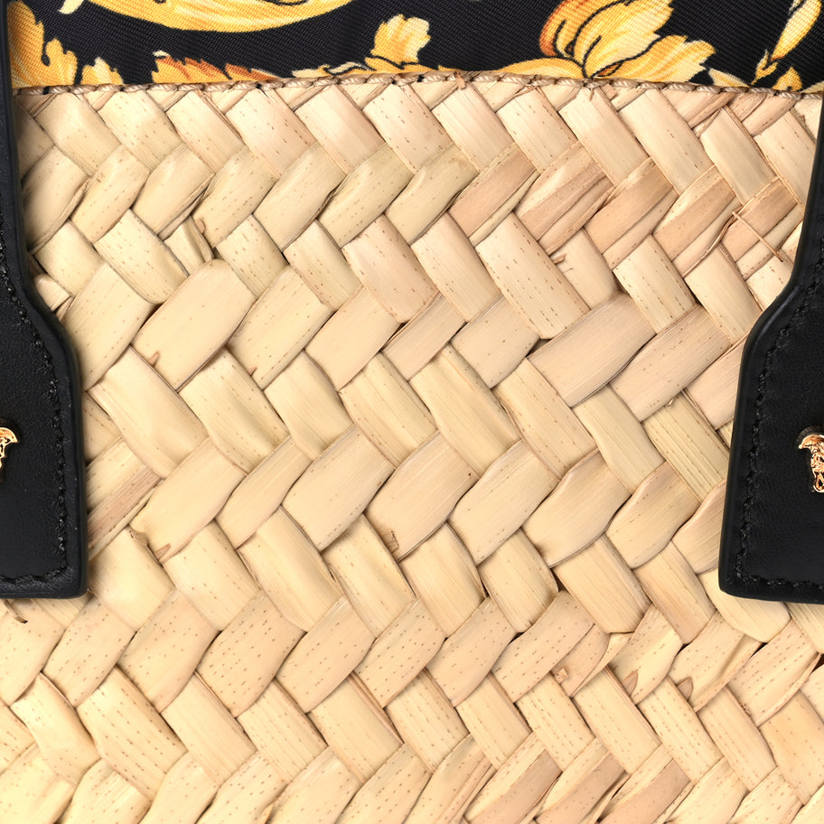 Versace Straw Calfskin Barocco Beach Bag Natural Black Gold Image 6