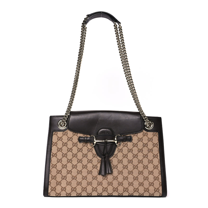  Gucci Monogram Margaux Calfskin Large Emily Chain Shoulder Bag Beige Ebony Cocoa