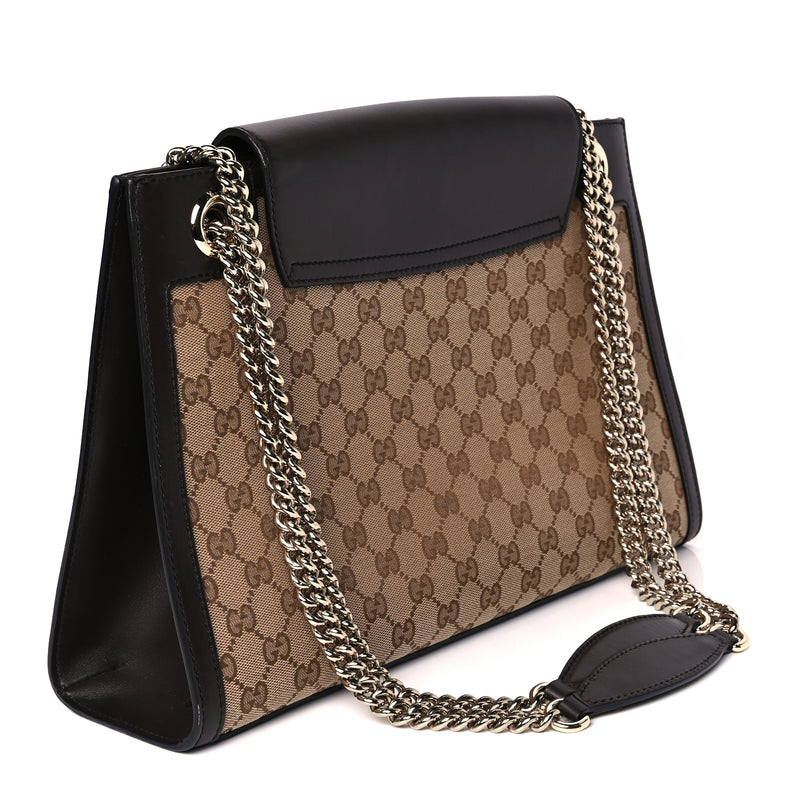  Gucci Monogram Margaux Calfskin Large Emily Chain Shoulder Bag Beige Ebony Cocoa