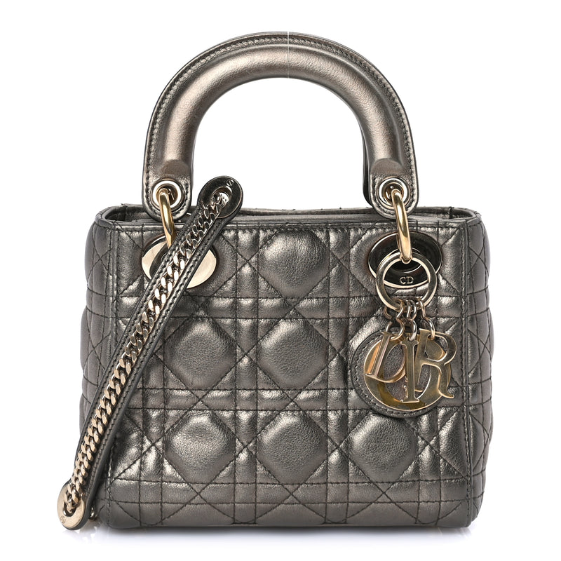  Christian Dior Metallic Lambskin Cannage Mini Lady Dior Dark Grey