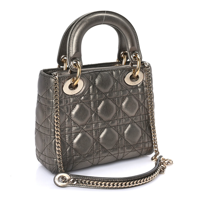  Christian Dior Metallic Lambskin Cannage Mini Lady Dior Dark Grey