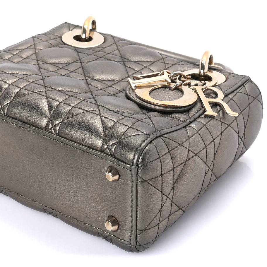 Christian Dior Metallic Lambskin Cannage Mini Lady Dior Dark Grey Image 8