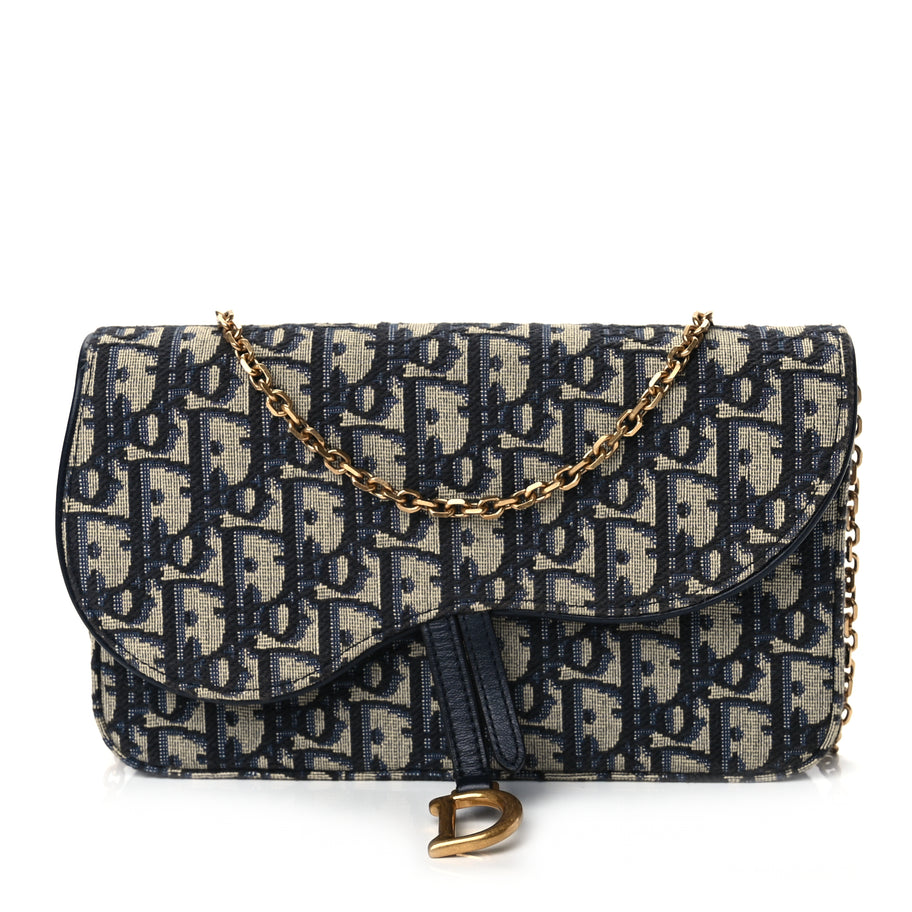 Christian Dior Oblique Medium Saddle Pouch With Chain Blue Image 1