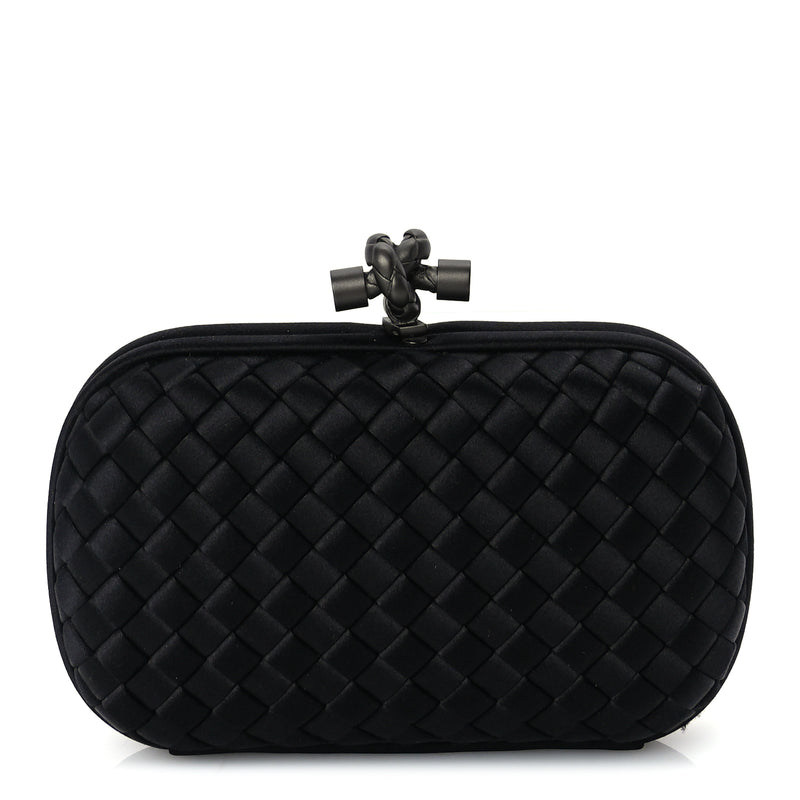  Bottega Veneta Satin Intrecciato Mesh Woven Knot Clutch Black